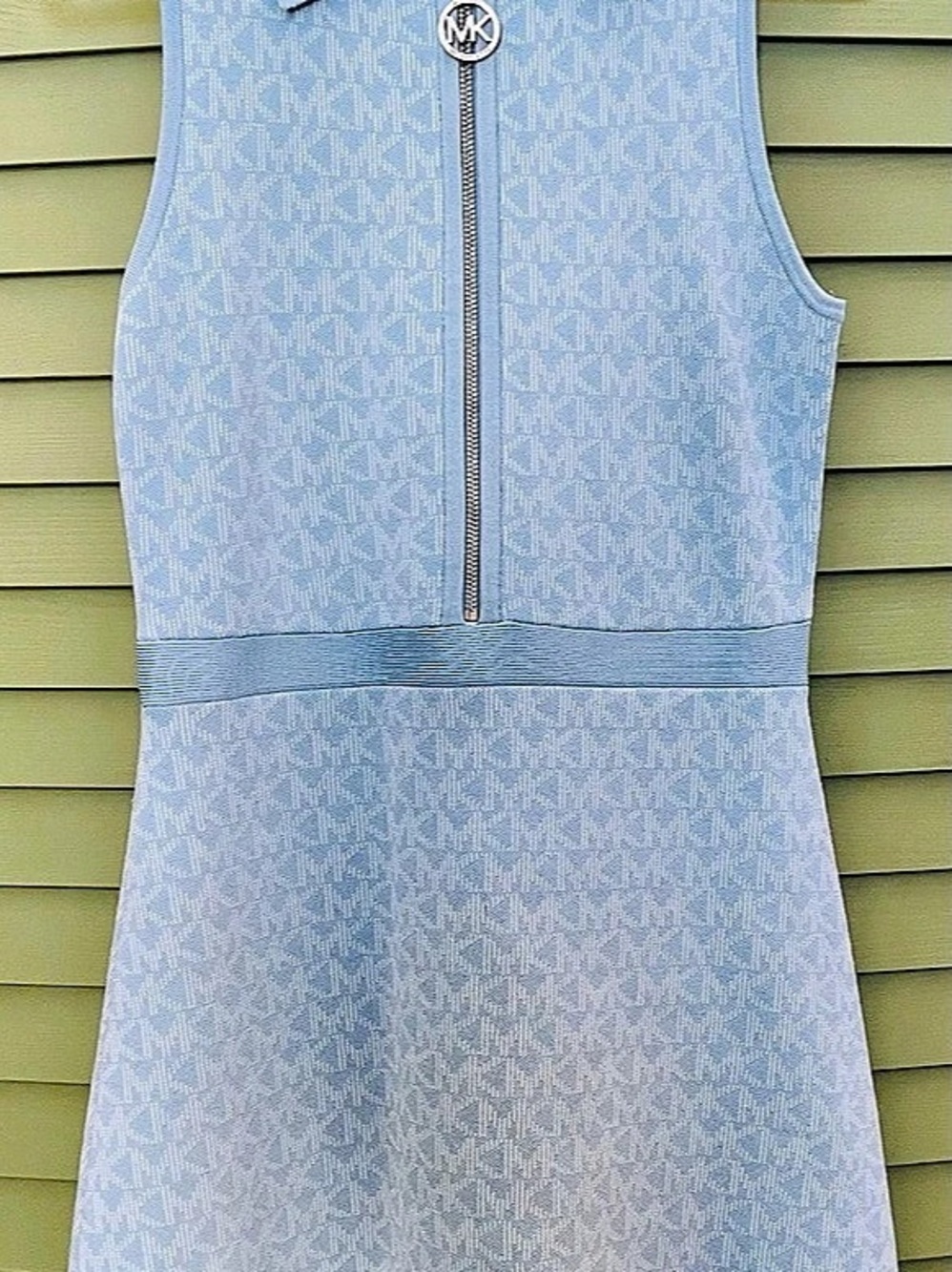 Michael Kors Metallic Logo Jacquard Polo Dress Mini Zip Front Dress Blue Size ☀️